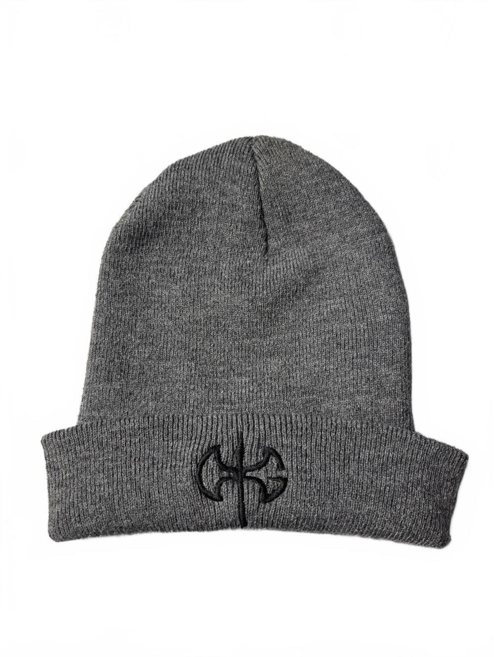 Gray Knit Beanie Hat with Embroidered Cross and 'Taking SouI